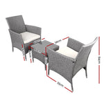 3 Piece Wicker Outdoor Chair Side Table Furniture Set - Grey