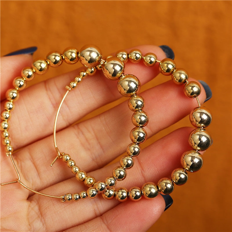 Simple Plain Gold Color Metal Pearl Hoop Earrings