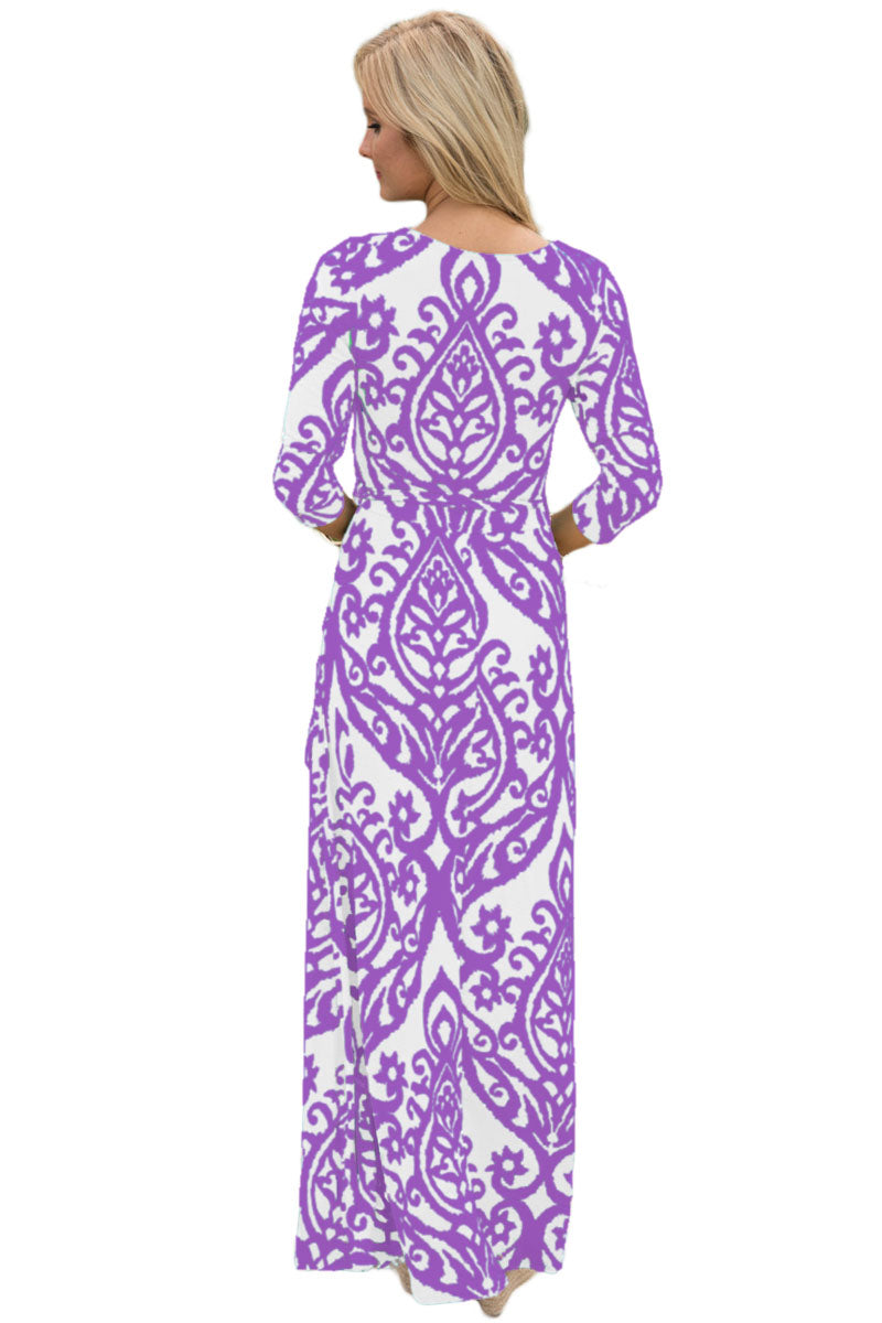 White Purple Damask Print Wrap V Neck Boho Dress