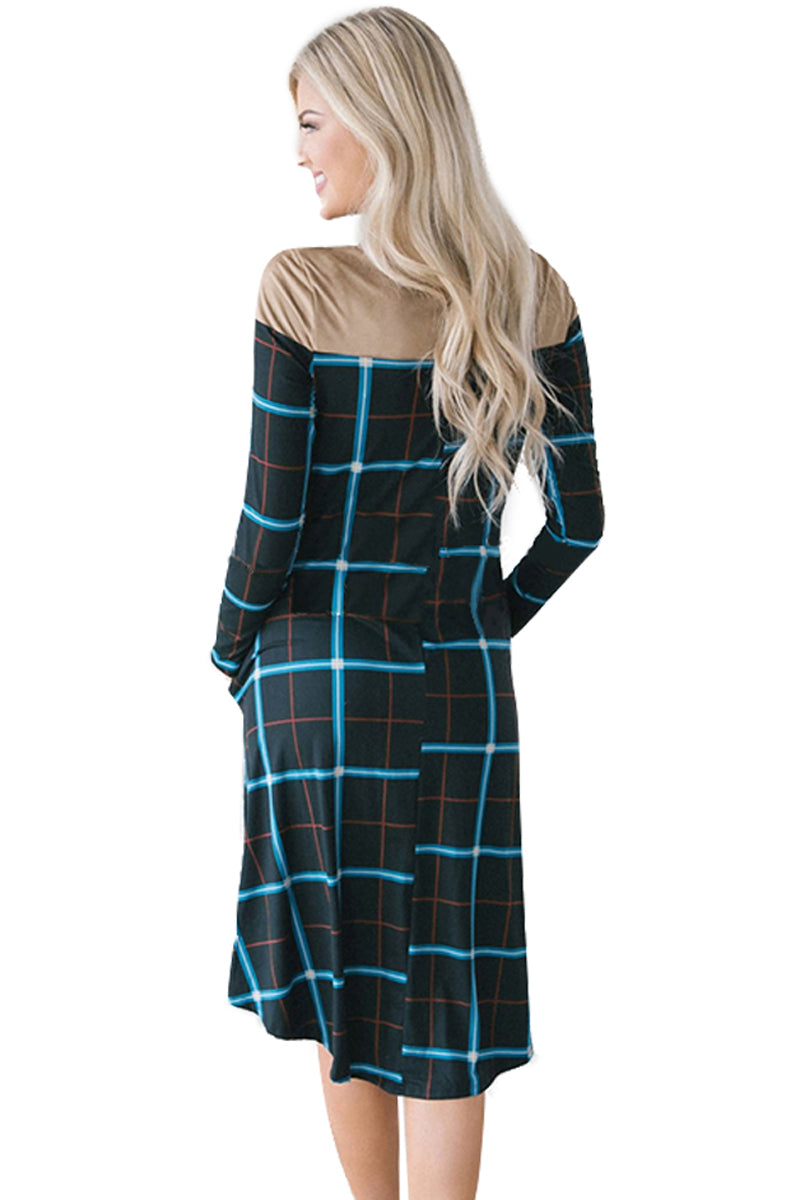 Black Checked Long Sleeve Casual Midi Dress