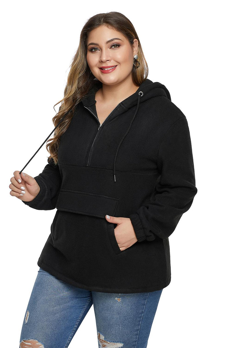 Black Zip Neck Drawstring Plus Size Hoodie