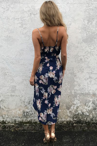 Deep V Neck Multicolor Floral Print Boho Dress in Navy Blue