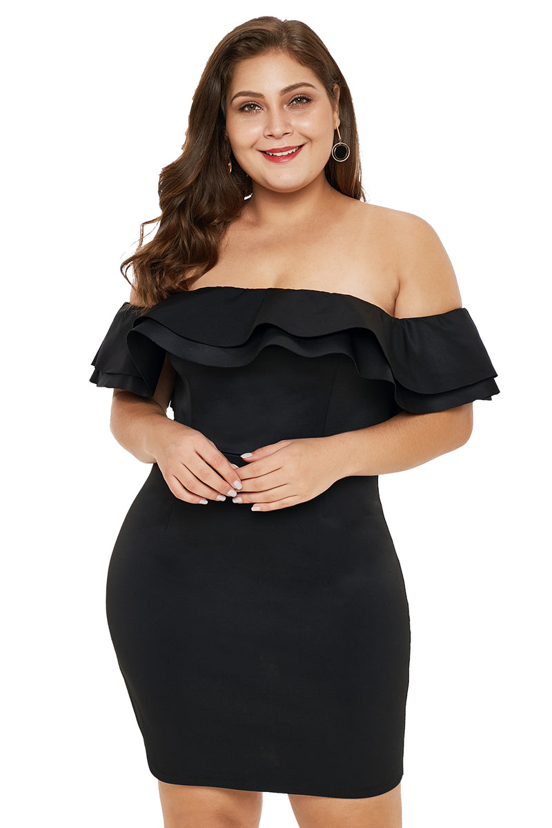 Black Layered Ruffle Off Shoulder Plus Size Dress