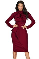 Burgundy Asymmetric Peplum Style Pussy Bow Dress