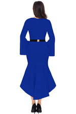 Royal Blue Bell Sleeve Dip Hem Belted Dress