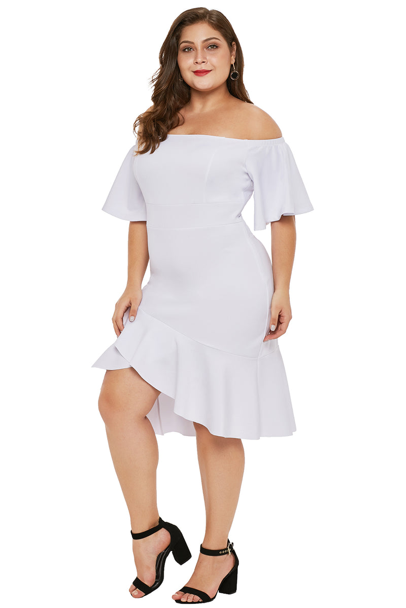 White Off Shoulder Plus Size Dress with Ruffles