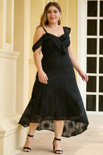 Black Asymmetric Ruffle Shoulder Design Plus Size Lace Dress