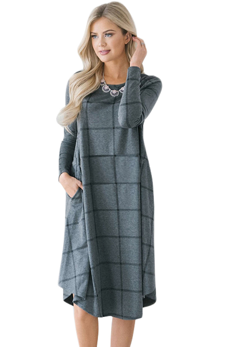 Charcoal Checked Long Sleeve Casual Midi Dress