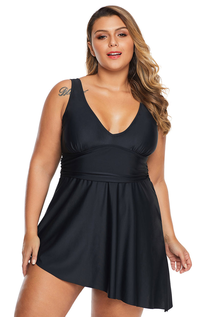 Black Plus Size V Neck Skater Swimdress Swimwear