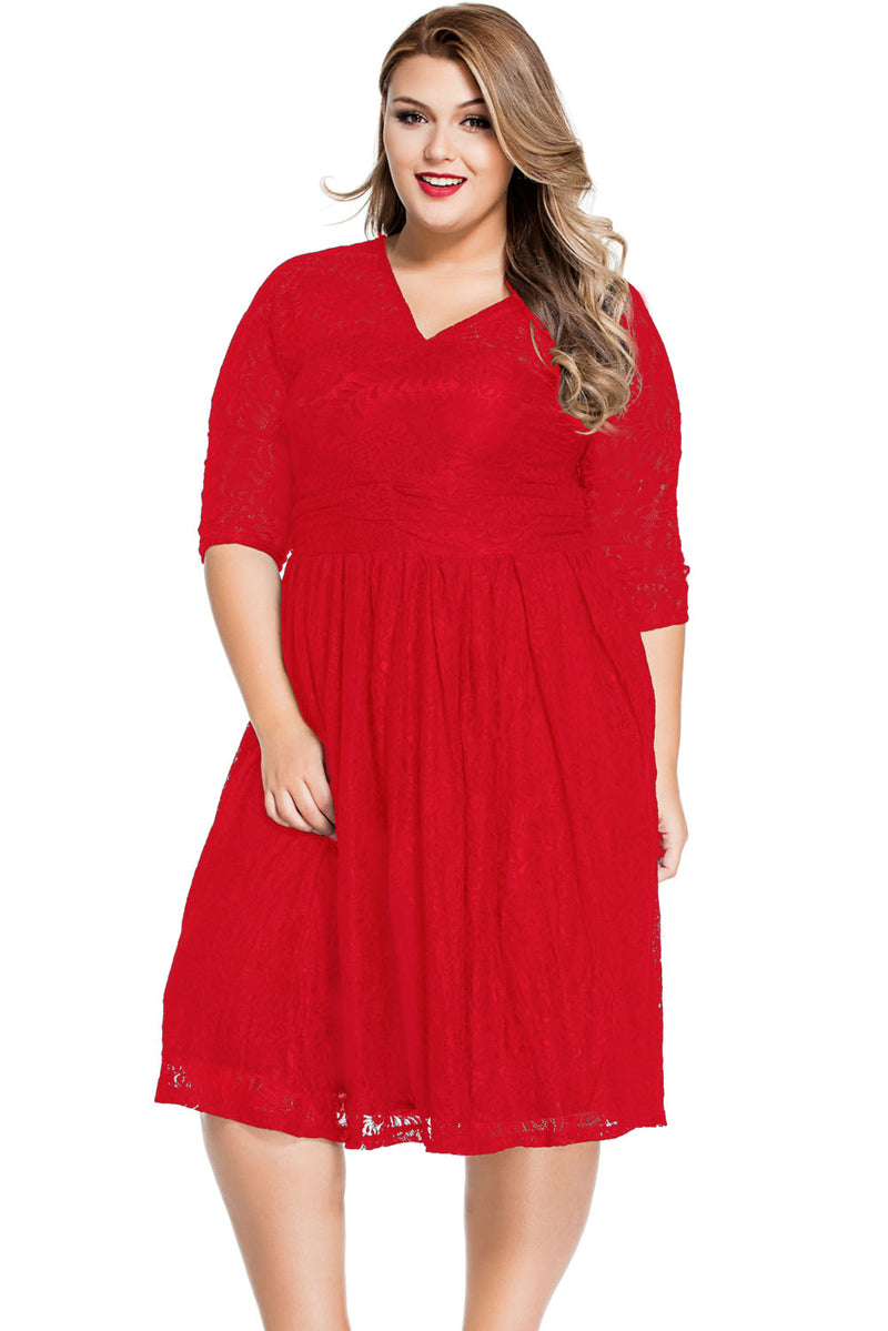 Red Lace V Neck Curvy Skater Dress