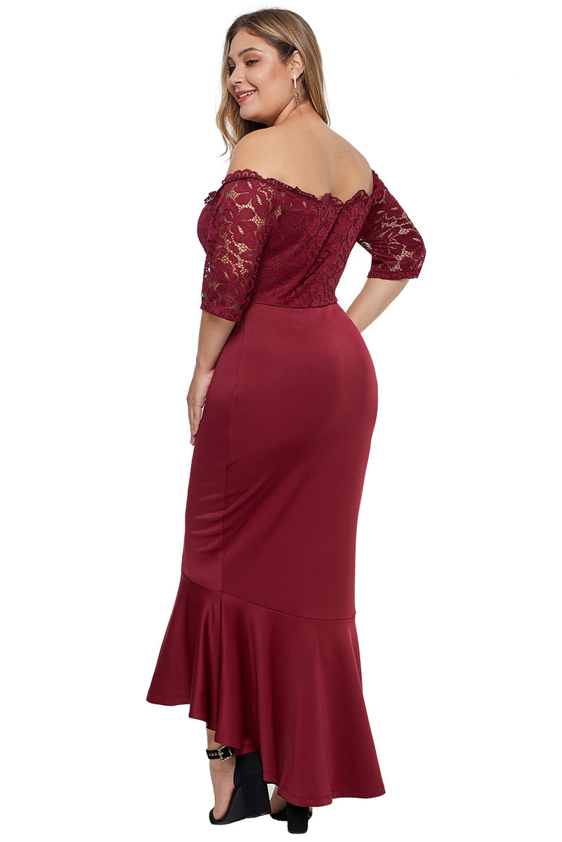 Off Shoulder Scalloped Neckline Lace Bodice Plus Size Dress