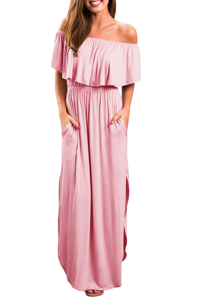 Pink Flounce Off Shoulder Maxi Jersey Dress