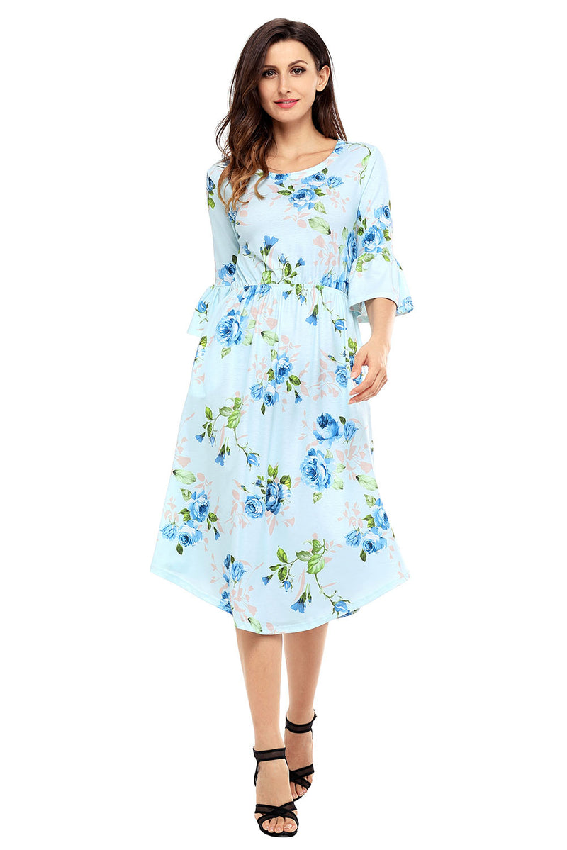 Light Blue 3/4 Bell Sleeve Floral Midi Dress