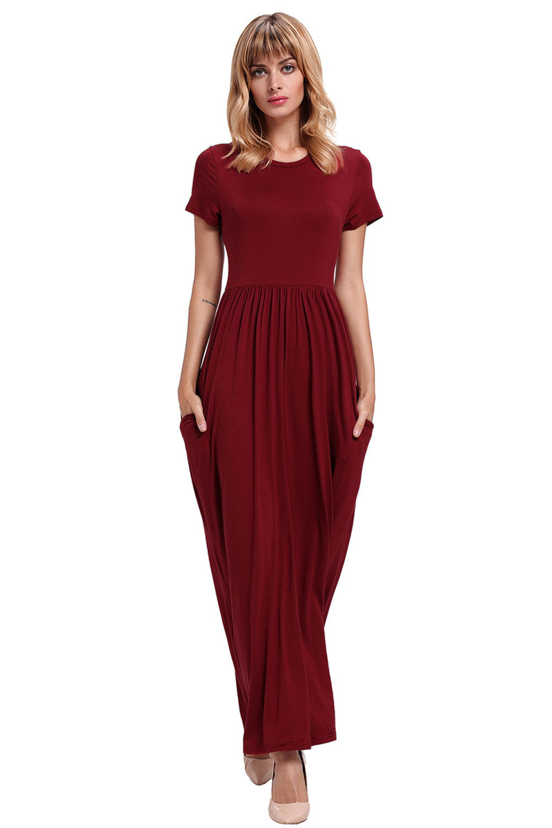 Wine Short Sleeve Ruched Waist Maxi Dress