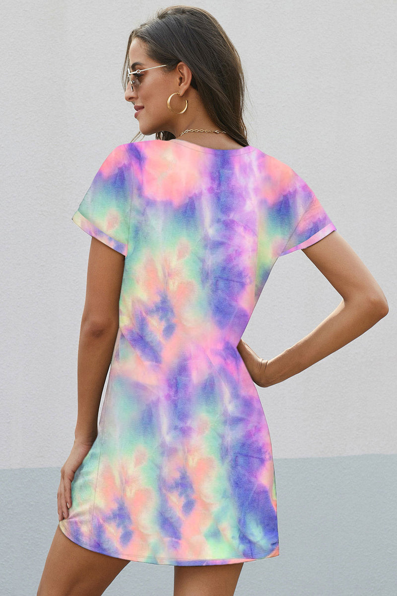 Multicolor Tie-dye Short Sleeve Side Knot T-shirt Dress