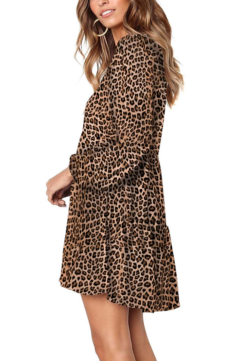 Leopard Ruffle V-Neck Flowy Loose Tunic Dress