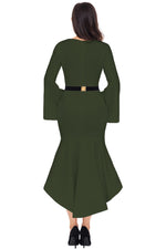 Olive Green Bell Sleeve Dip Hem Belted Dress