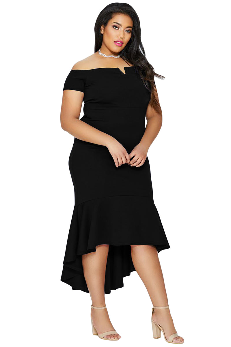 Black Plus Size Dip Hem Fishtail Midi Dress