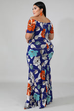 Blue Off-the-shoulder Floral Print Plus Size Maxi Dress