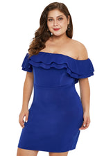 Blue Layered Ruffle Off Shoulder Plus Size Dress