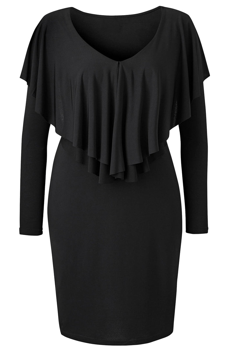 Black Ruffled Poncho Front Curvy Dress