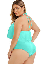 Sky Blue Halter Crochet Panel Overlay Plus Size Tankini Set