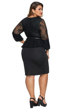 Black Plus Size Lace Bodice Peplum Dress with Belt