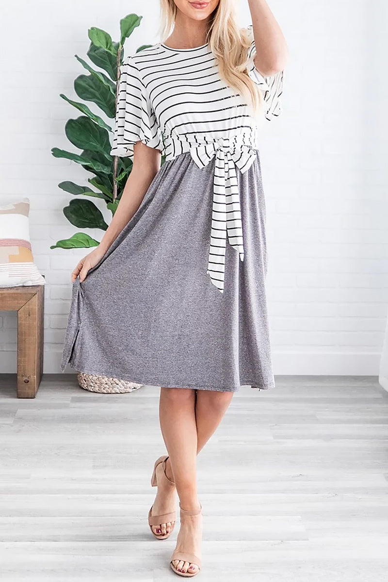 Gray Striped Shirt Tie Front Casual Midi Dress