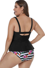 Black Plus Size Ruffled Tankini with Floral Panty