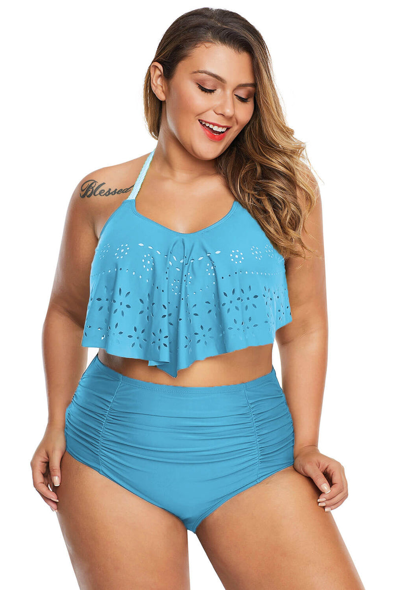 Sky Blue Allure Juniors Plus Size Laser Cut Flounce Swimwear