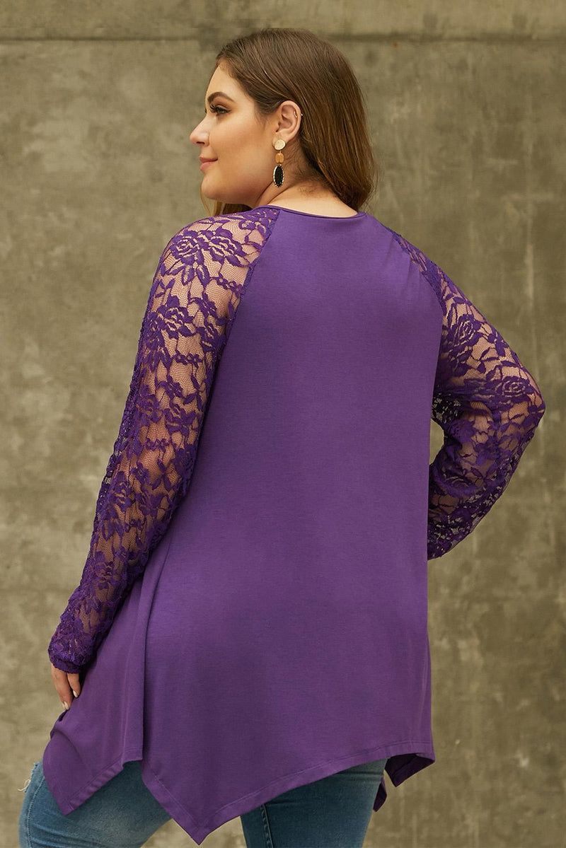 Purple Plus Size Lace Yoke Stitching Asymmetic Hemline Top