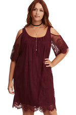 Burgundy Plus Size Lace Cold Shoulder Trapeze Dress