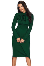 Jade Green Asymmetric Peplum Style Pussy Bow Dress