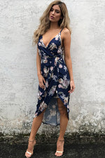 Deep V Neck Multicolor Floral Print Boho Dress in Navy Blue