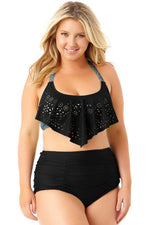 Black Allure Juniors Plus Size Laser Cut Flounce Swimwear