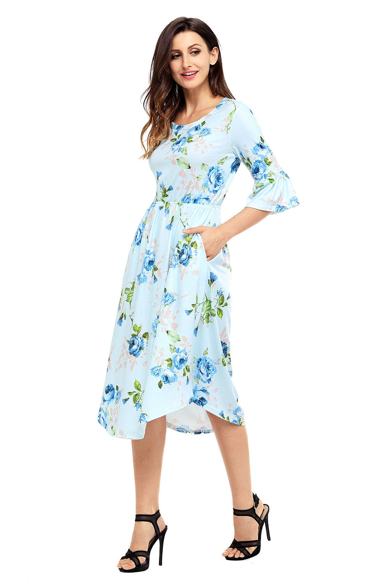 Light Blue 3/4 Bell Sleeve Floral Midi Dress