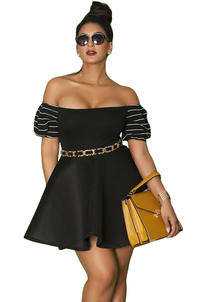 Black Plus Size Pleated Off-the-shoulder Skater Dress