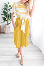 Yellow Striped Shirt Tie Front Casual Midi Dress