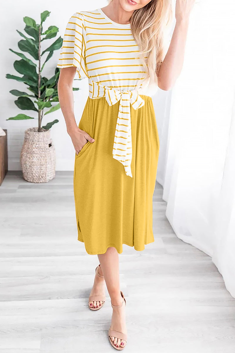 Yellow Striped Shirt Tie Front Casual Midi Dress