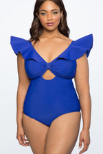 Blue Ruffle Shoulder Plus Size One-piece Swimwear