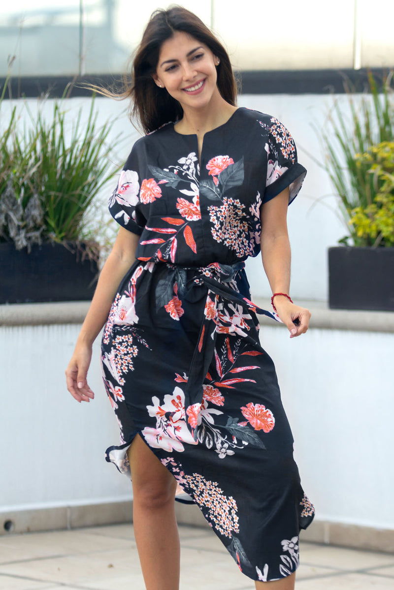 Navy Pink Floral Print Pencil Dress