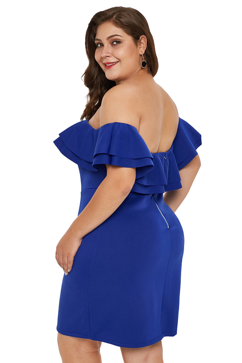 Blue Layered Ruffle Off Shoulder Plus Size Dress