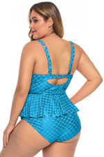 Sky Blue Plus Size Halter Neck Peplum Tankini