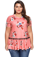 Pink Floral Print Short Sleeve Plus Size Top