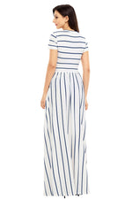 Blue Striped White Short Sleeve Maxi Dress