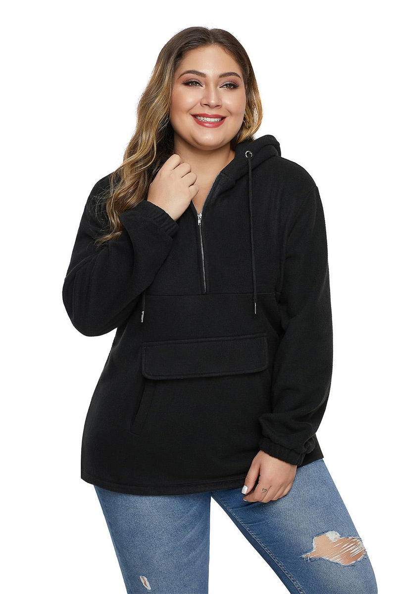 Black Zip Neck Drawstring Plus Size Hoodie