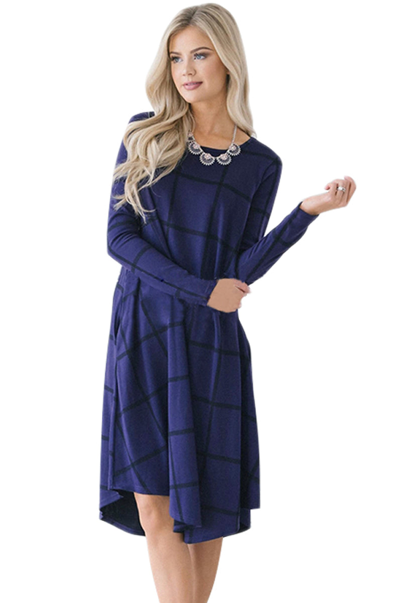 Navy Blue Checked Long Sleeve Casual Midi Dress