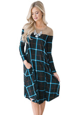 Black Checked Long Sleeve Casual Midi Dress