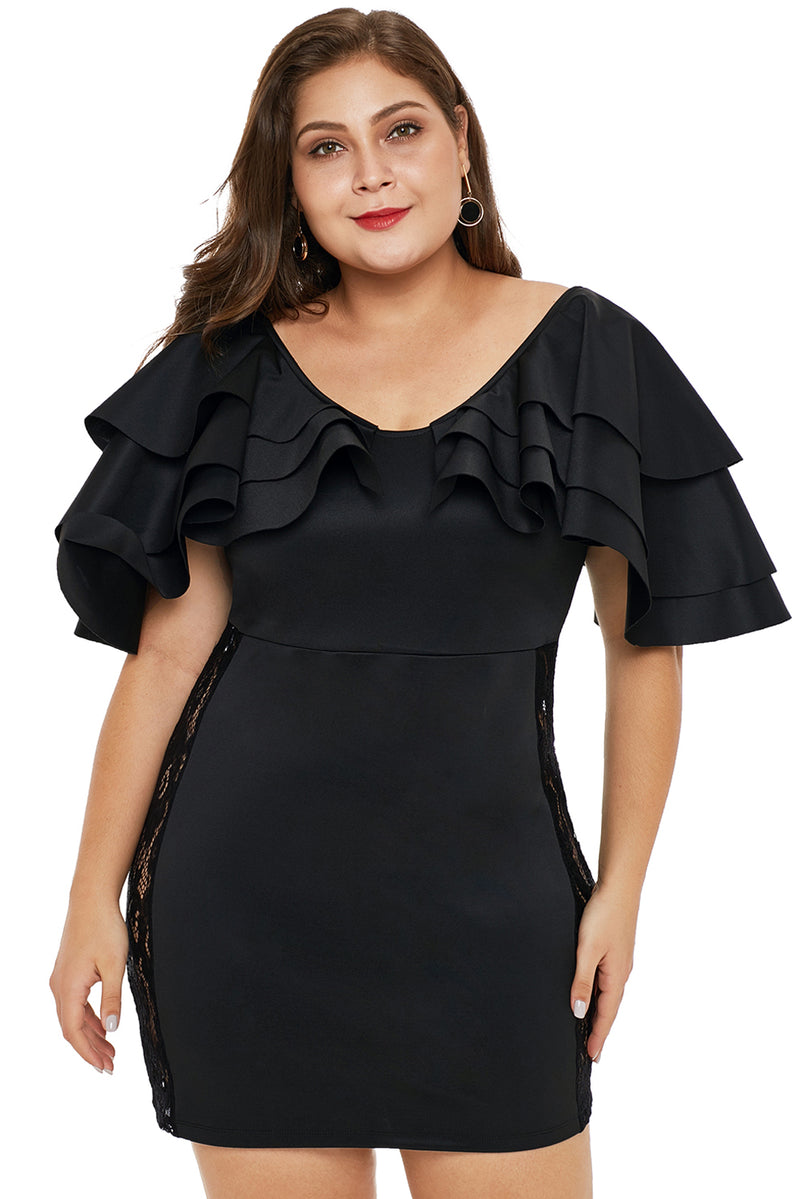 Black Cascading Shoulder Lace Insert Plus Size Dress