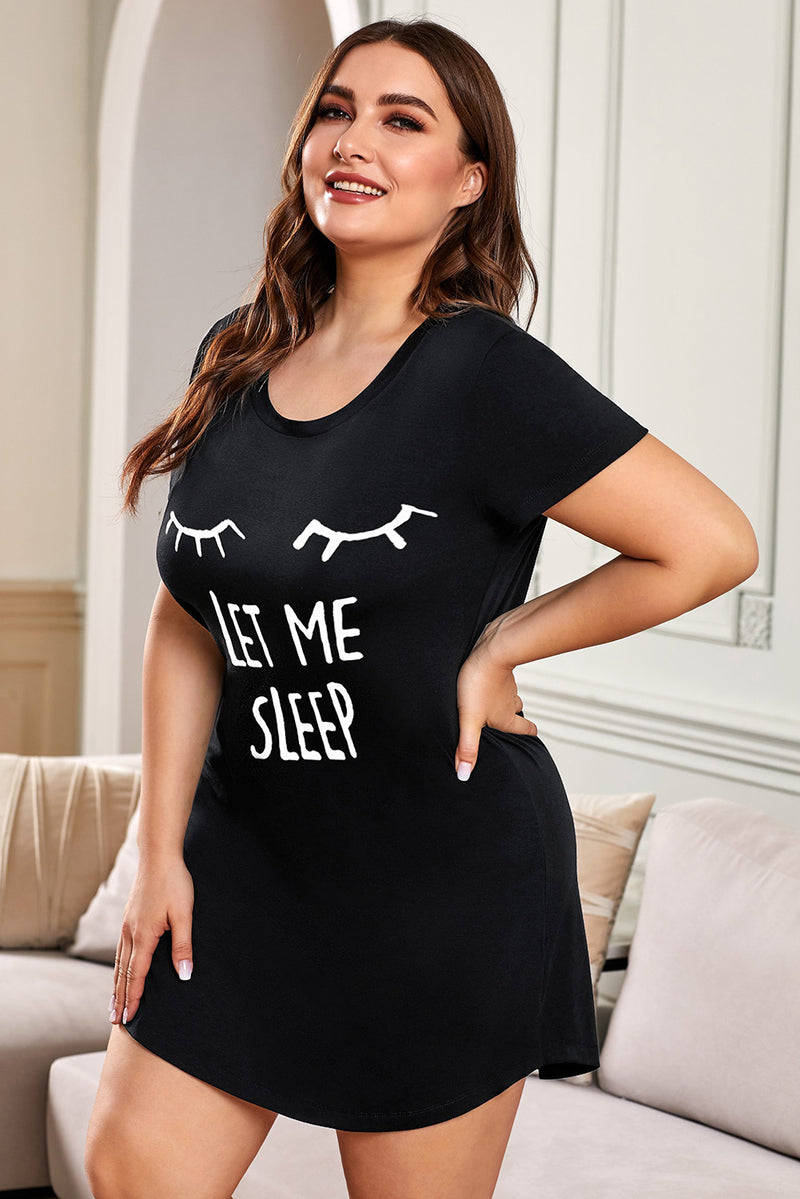 Plus Size LET ME SLEEP Graphic Print Black Nightwear Mini Dress